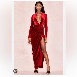 House of CB red velvet dress with a slit